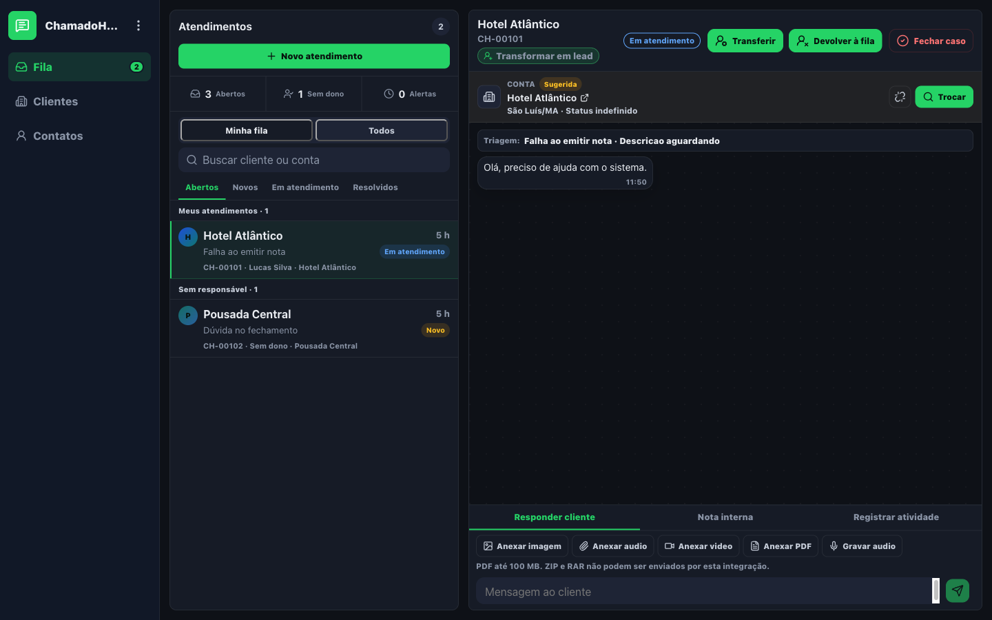 Fila compartilhada e conversa de atendimento exibidas no ChamadoHub com dados de demonstração